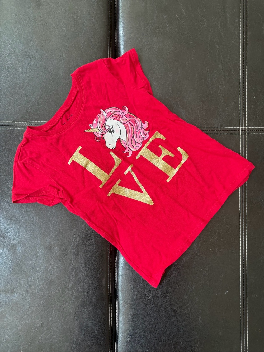 Children’s Place - Red Tee with Sparkly Gold “LOVE” and Pink Unicorn
